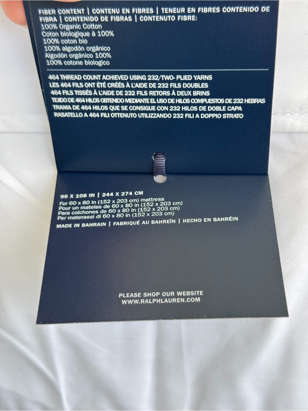 Ralph Lauren Palmer Percale Queen Flat Sheet Organic Cotton 464TC Navy Trim NWT - Picture 5 of 8